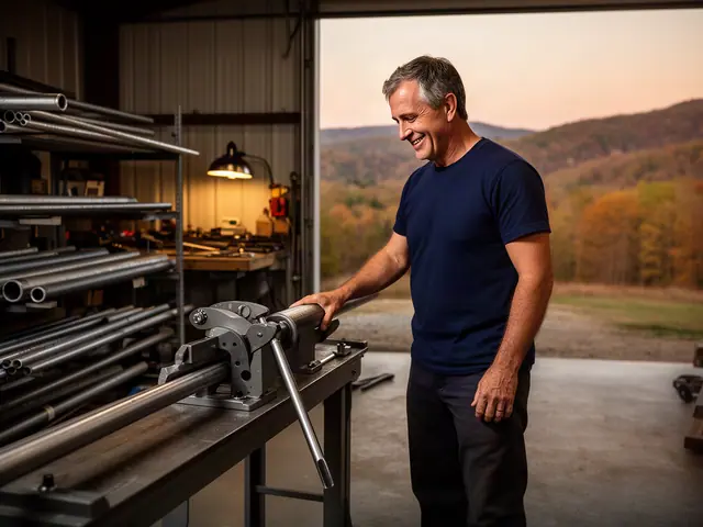 A man with short gray-brown hair beside new equipment in a small plumbing and pipe-fitting contractor.