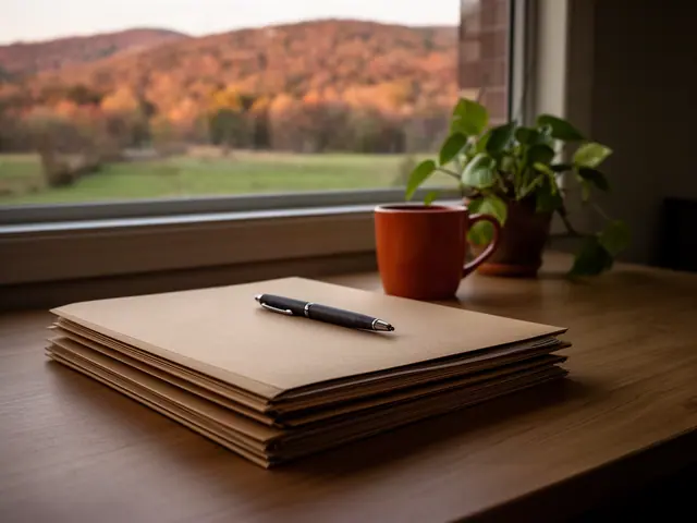 A neat stack of closed manila folders and a pen on a desk by a window.