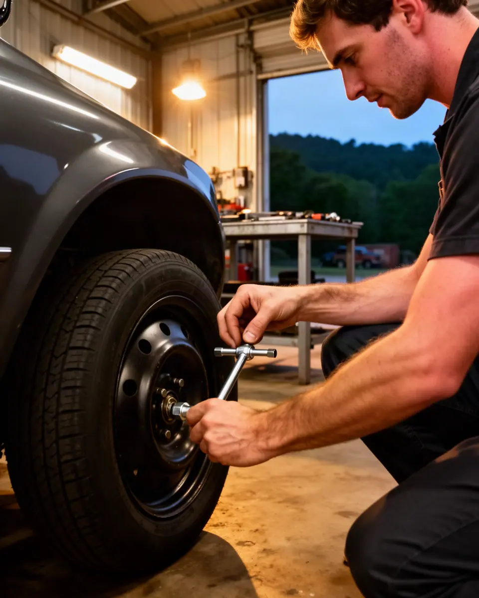 A mechanic tightening a wheel nut with a lug wrench on a car in a small auto shop, wooded hills through the bay door.