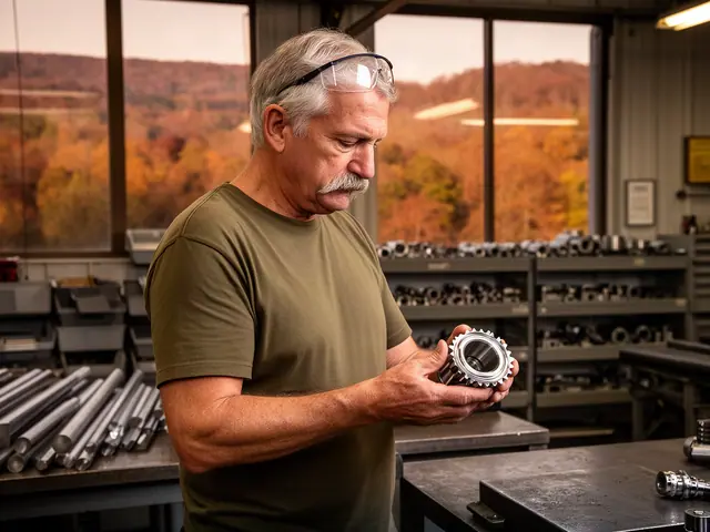 A machinist holding a machined steel part at a workbench.