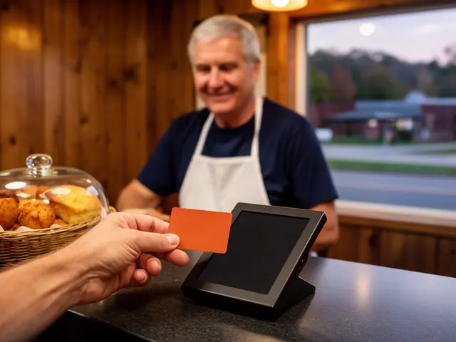 A customer taps a card on a counter terminal at a small catfish restaurant.