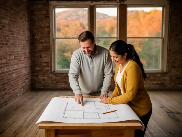 Two business partners looking over a pencil floor sketch in an empty storefront.