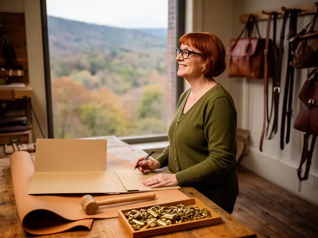 A woman with a short auburn bob and black-framed glasses at a work table with a closed folder in a small leather-goods and repair shop.